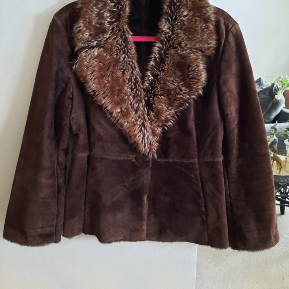 Brown Soft Leather Coat with Faux Fur Trim